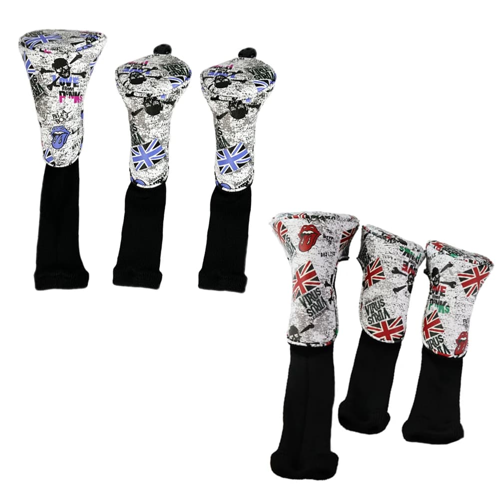 Lot de 3 housses de clubs de golf en tricot, pour driver et fairway wood, motif tête de mort, en cuir PU imperméable avec doublure en velours