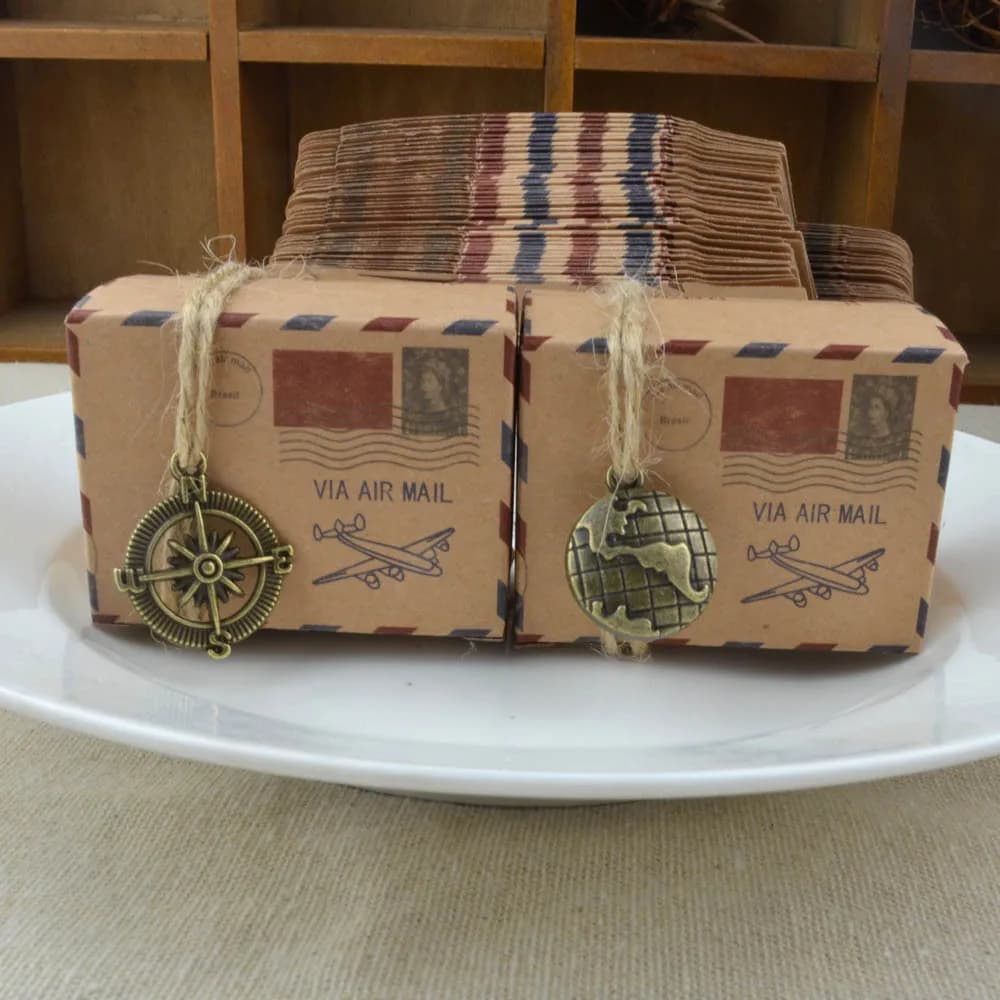 Boîte à bonbons en papier Kraft, 50 pièces, boîte-cadeau de courrier d'avion en vieux papier, boîte à chocolat, boussole de terre, boîte d'emballage pour voyage et mariage