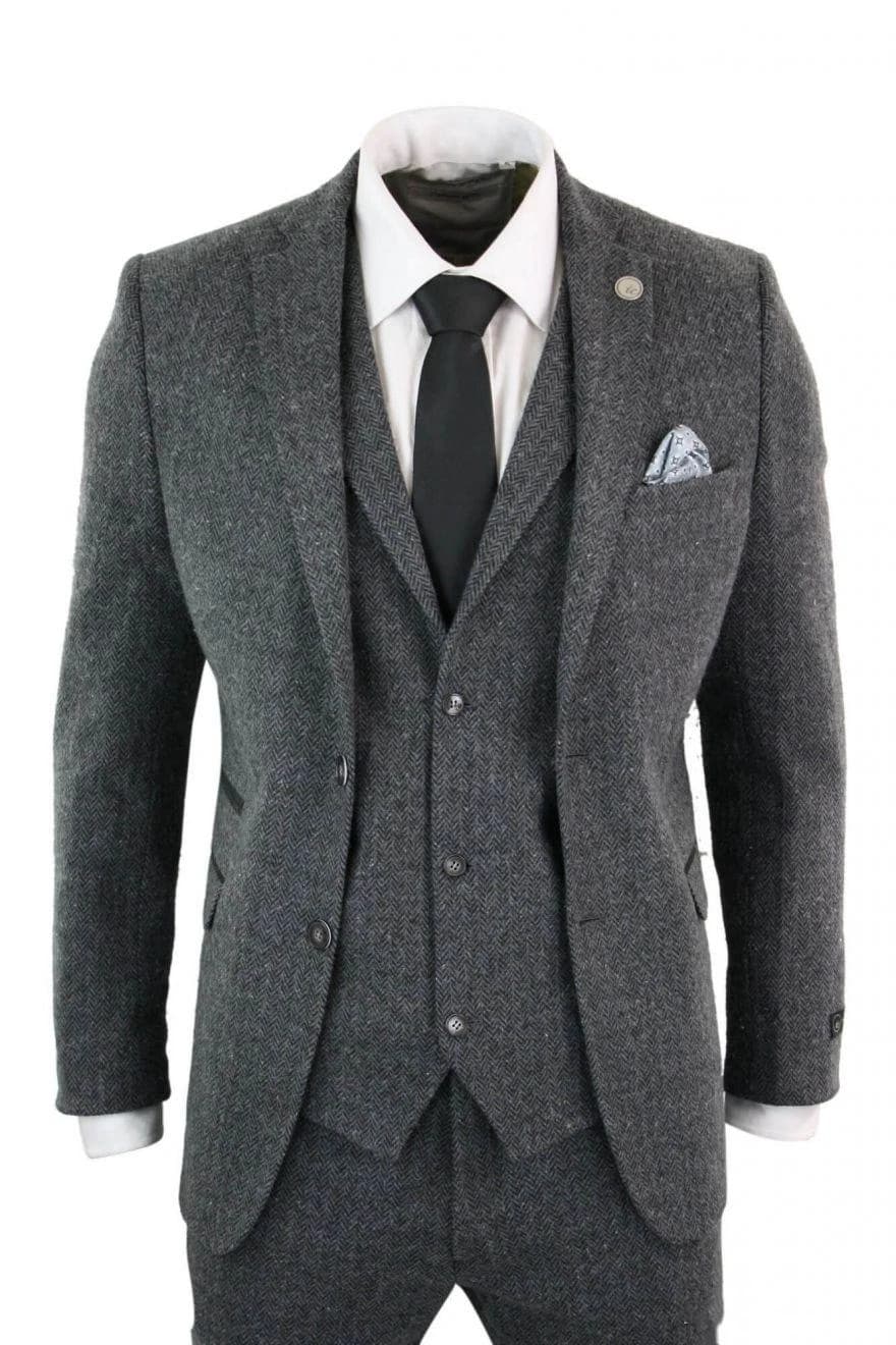Costume de mariage gris 3 pièces pour homme, revers cranté, deux boutons, en tweed chevrons, sur mesure, style Peaky Blinders, pour le marié