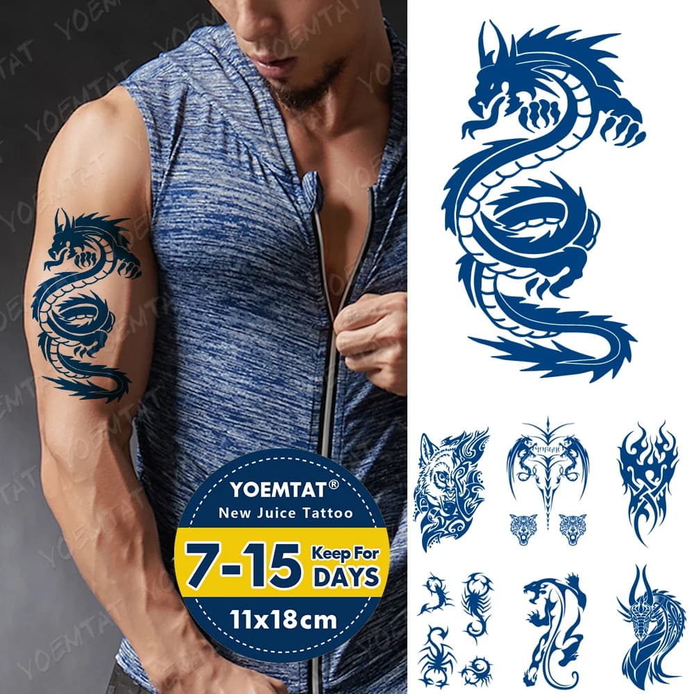 Tatouage temporaire imperméable à l'encre Juice pour homme, autocollant, tatouage temporaire, durable, loup, Scorpion, Totem, bras, faux tatouage Maori Dragon