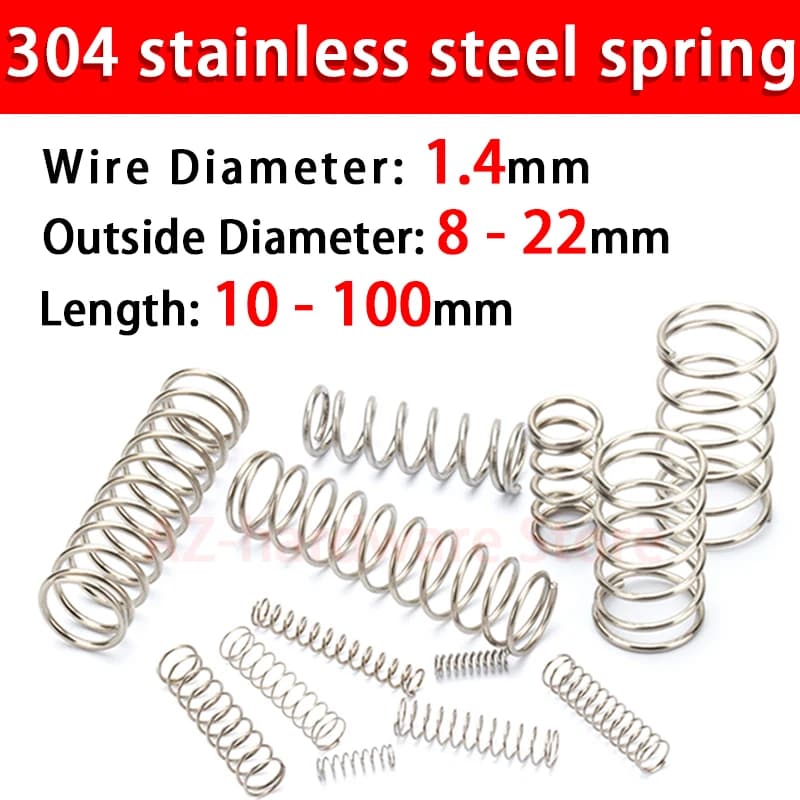 Ressort de compression en acier inoxydable 304, ressort de rappel, diamètre du fil en acier 1.4mm, diamètre extérieur 8 ~ 22mm, 10 pièces