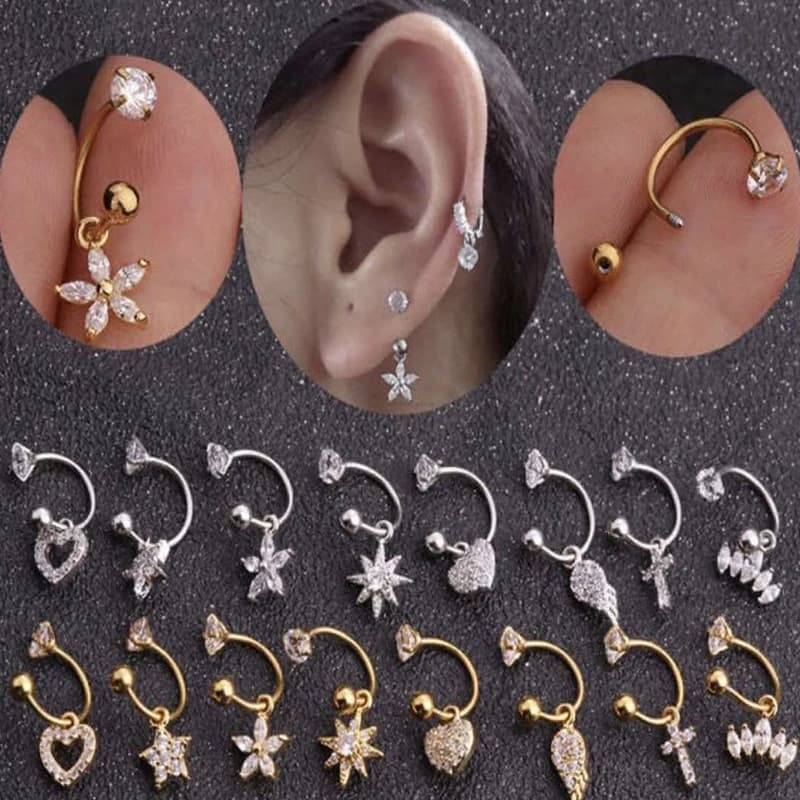 1 pièce Anneau d'oreille en acier chirurgical pour hélix, conque, tragus, avec zircone cubique (CZ) et motifs Cœur, Étoile, Croix, Ailes, Fleur, Bijou de piercing tendance