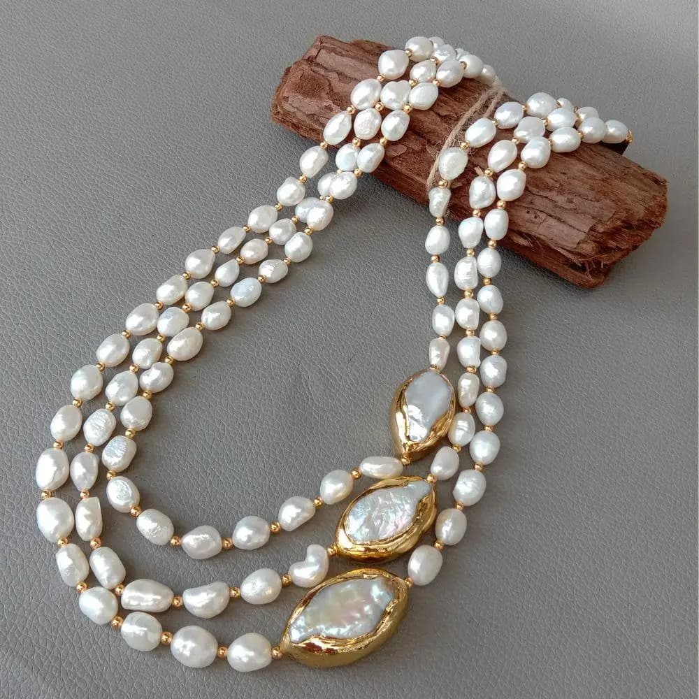 YYGEM Collier ras du cou de 20 po à 3 brins de perles de culture baroques d'eau douce, perles Keshi, connecteur doré, pour femmes