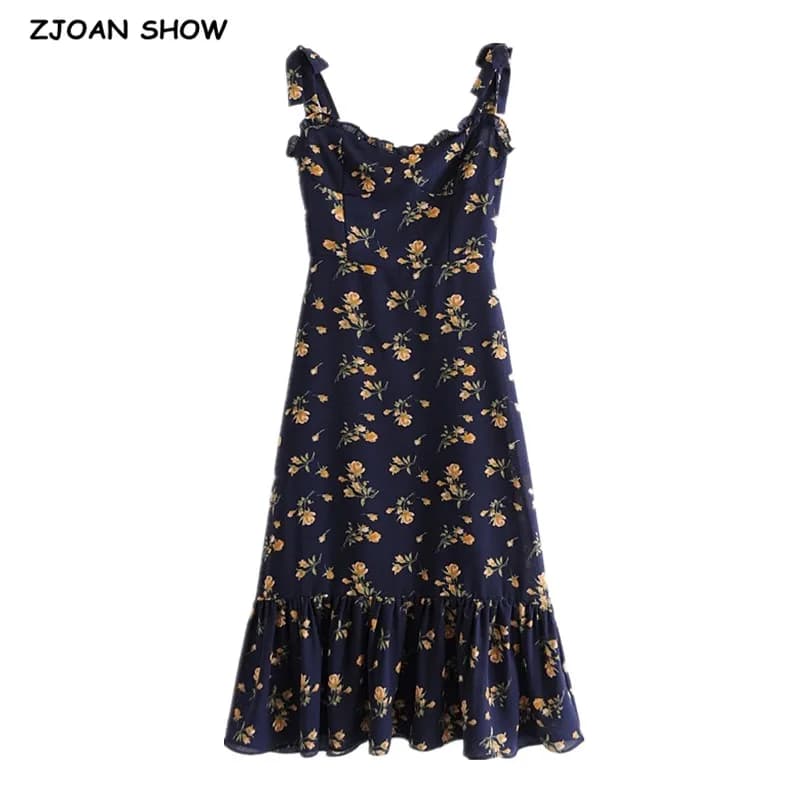 Robe mi-longue vintage à imprimé floral français pour femmes, robes à bretelles spaghetti, ourlet à volants, bandage rétro, nœud papillon, vacances