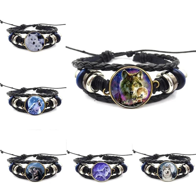 Bracelet en cuir tressé avec tête de loup pour hommes et femmes, breloque en forme de dôme, de haute qualité, à la mode