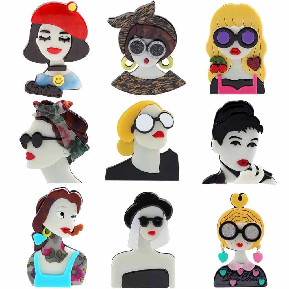 Nouvelle conception, broches uniques en acrylique en forme de femme pour femmes, épingles, badges de revers, décorations de sacs, bijoux pour robes de soirée