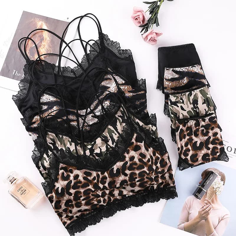 Ensemble de sous-vêtements sexy imprimé léopard pour femmes, bralette en dentelle tentation, soutien-gorge push-up sans fil, lingerie féminine, trempée, 2 pièces