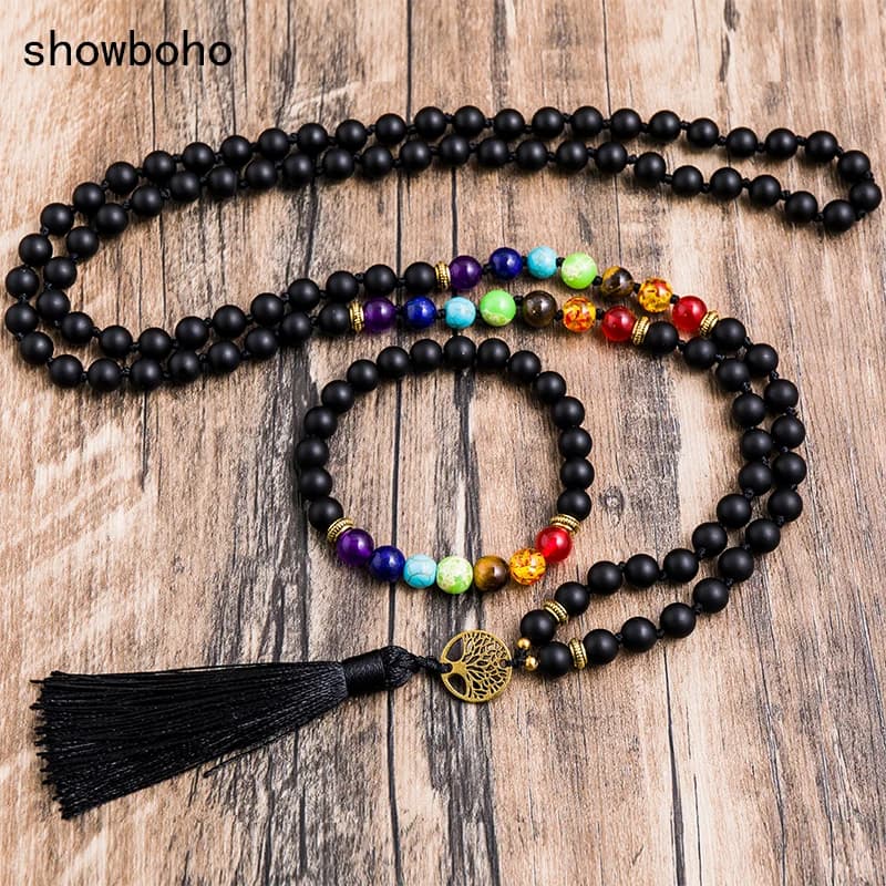 Collier Mala en Onyx noir mat, 8mm, 7 chakras, perles nouées, 108, méditation, Yoga, esprit, porte-bonheur, énergie, bijoux, ensembles japonais