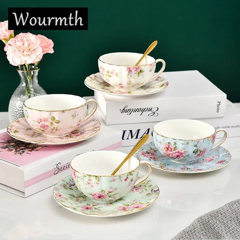 Service à thé Ldyllic Flowers, tasses à café en céramique, style britannique, porcelaine fine de haute qualité, bord doré, tasse et soucoupe avec une cuillère