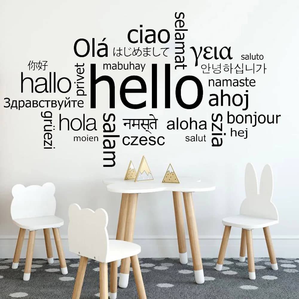 Bonjour en différentes langues autocollant Mural bureau bienvenue vinyle autocollant Mural décor salon salle de classe décoration Art Mural 2327