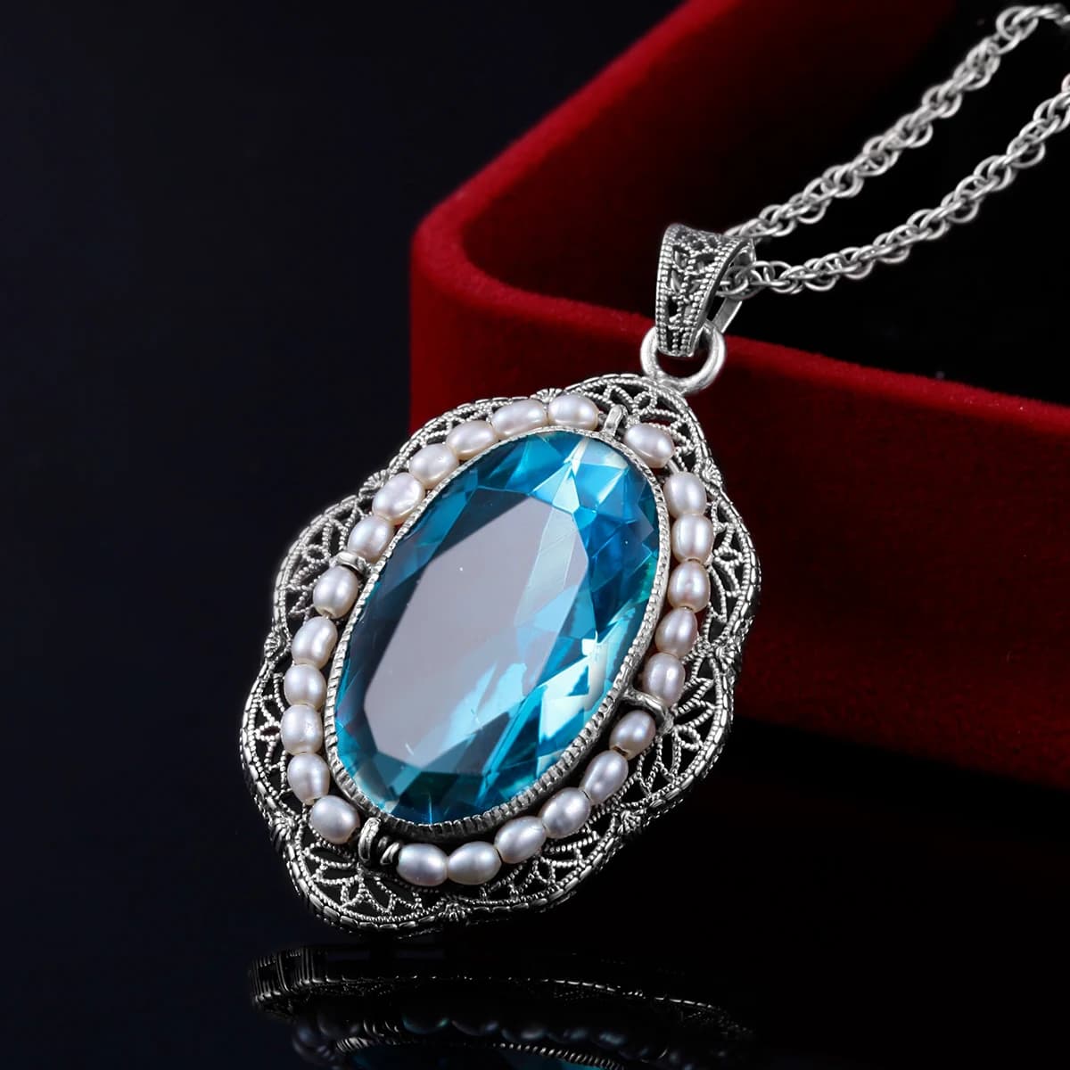 Szjinao – collier avec pendentif en argent 925 pour femmes, perle d'eau douce, aigue-marine, fleur ovale, bijoux en pierre