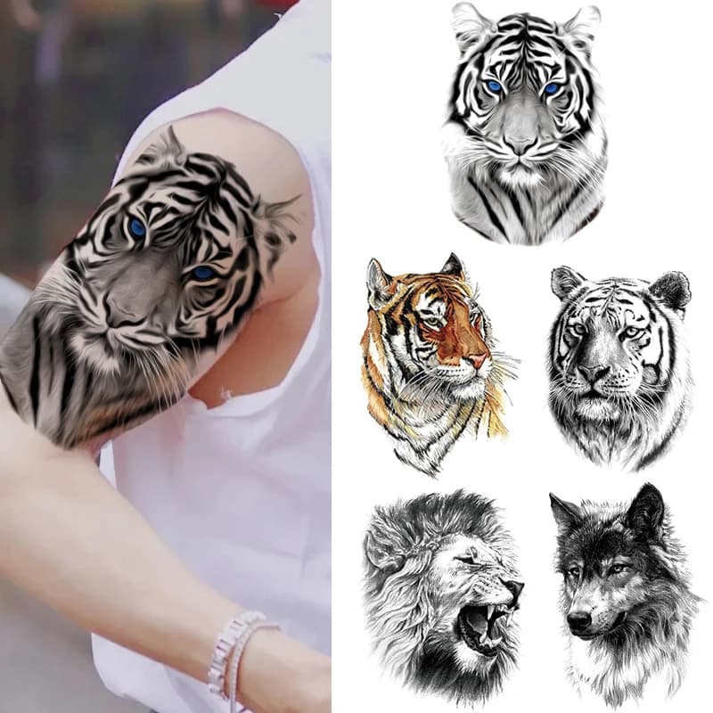 Lion tigre Cool temporaire tatouage autocollant mode loup imperméable Animal corps Art bras faux amovible Tatoo hommes femmes personnalité