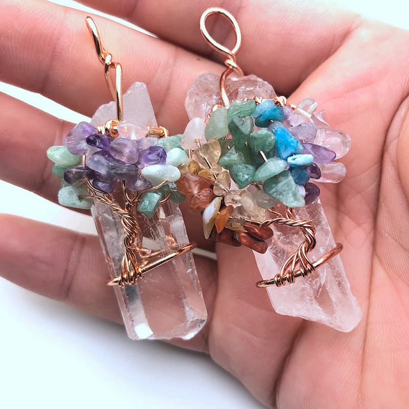 Pendentif en cristal blanc naturel, grand pendentif Reiki, Chakra, arbre de vie, couleur or Rose, fait à la main, pour collier