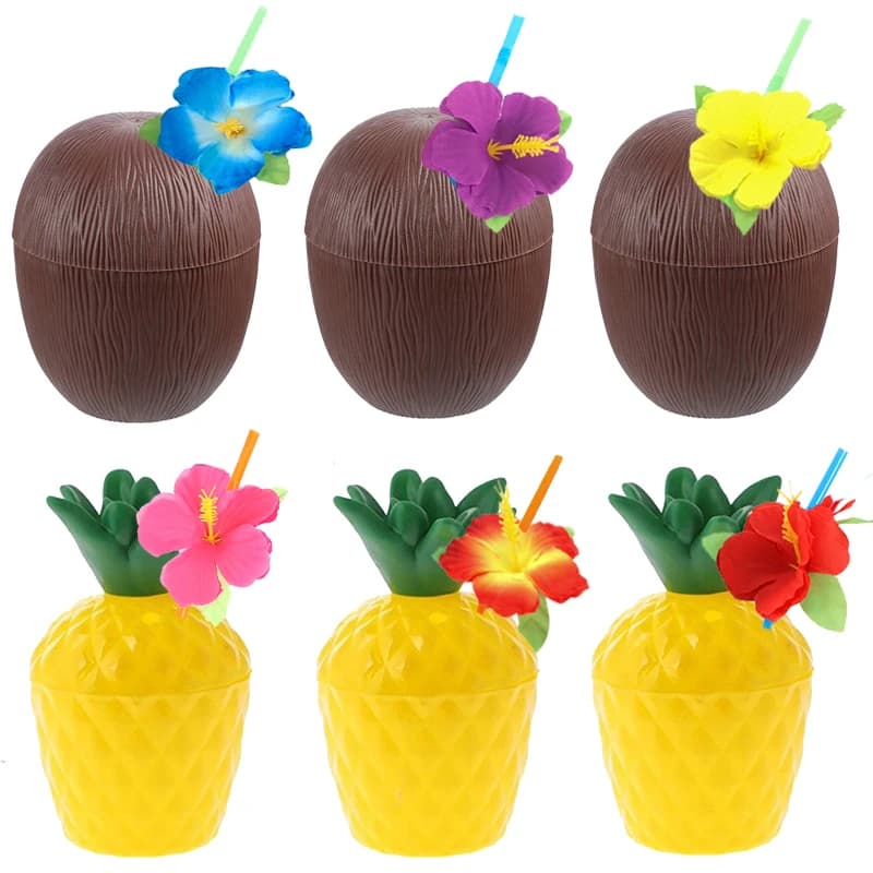 Ensemble de 6 tasses à boire en noix de coco, ananas Tropical, tasses à jus, paille d'été, Luau, flamant rose, anniversaire, plage, piscine, fête, décoration hawaïenne