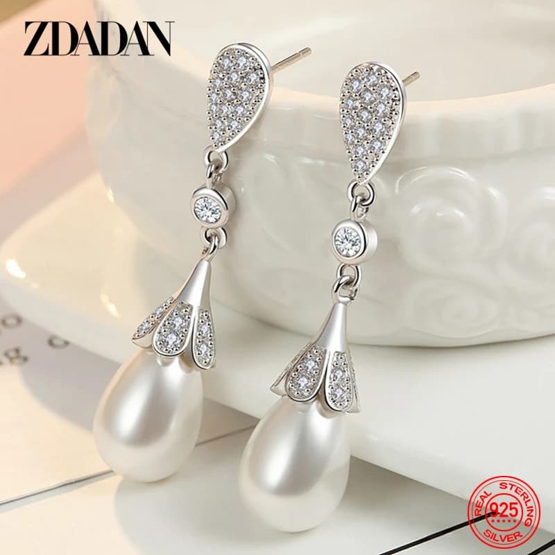 ZDADAN 925 en argent Sterling perle Zircon longues boucles d'oreilles pour les femmes mode bijoux de mariage cadeau de fête