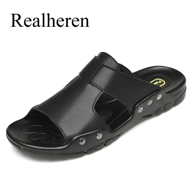 Pantoufles d'été en cuir pour hommes, grande taille 50 51 52, chaussures décontractées, plage en plein air, sandales souples noires, plates, nouvelle mode 2021