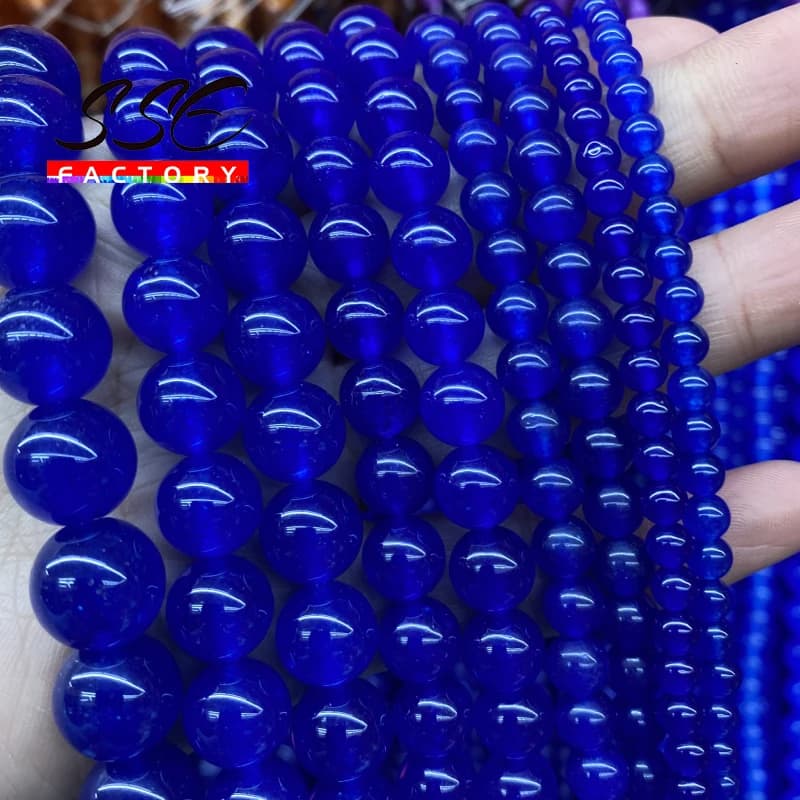 Perles en pierre naturelle, Jades bleu foncé, calcédoine, rondes, amples, pour la fabrication de bijoux, Bracelets à faire soi-même, 4 6 8 10 12 14mm 15''