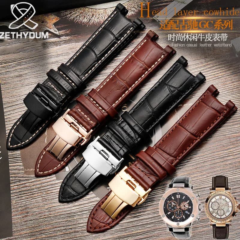 Bracelet de montre en cuir véritable pour GC 22*13mm 20*11mm, bracelet cranté avec boucle papillon en acier inoxydable, ceinture de montre pour hommes et femmes