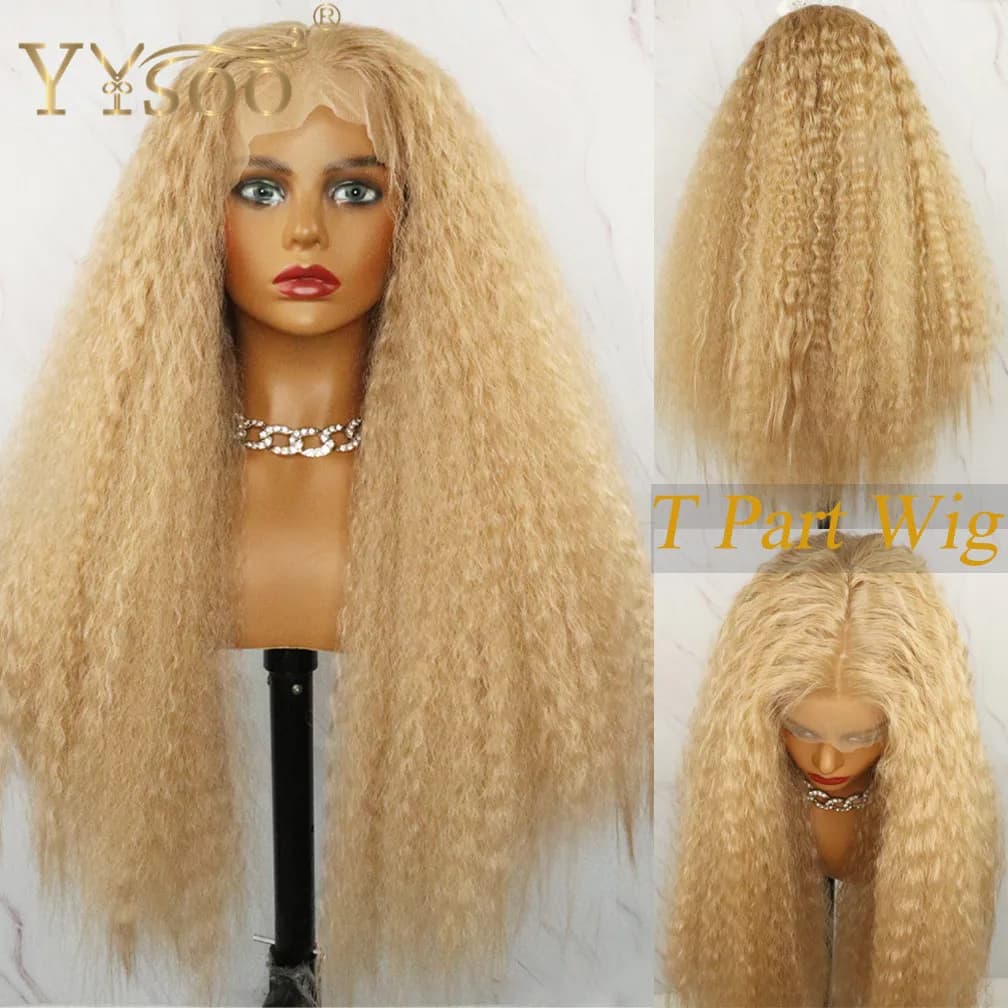 YYsoo-Perruque Synthétique Longue Sans Colle, Blonde 103, Crépue, Lisse Futura, T-part, Haute Densité, Degré de Chaleur, Yaki, pour Femme Noire