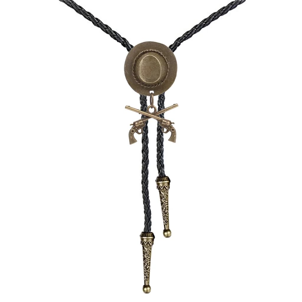 Cravate Bolo en Métal Style Cowboy Western avec Double Pistolet et Chapeau, Accessoire de Mode Équestre