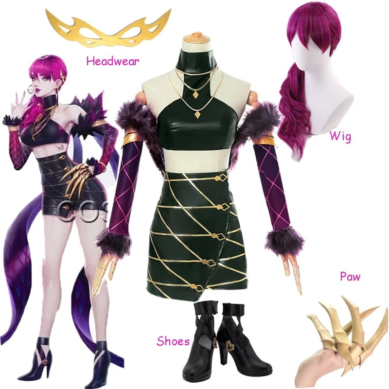 Jeu KDA ALL OUT Evelynn Cosplay Costume gilet jupes KDA femmes tenues Sexy jeu de rôle longue perruque Halloween bottes personnalisées chaussures