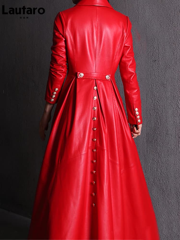 Lautaro automne jupe longue rouge noir Faux cuir Trench manteau pour les femmes Double boutonnage élégant luxe mode 4xl 5xl 6xl 7xl