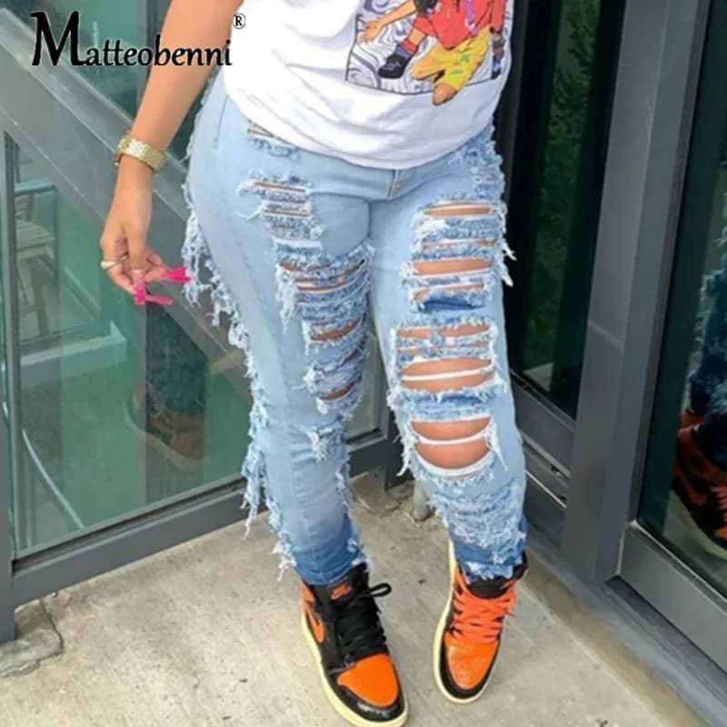 Jean déchiré à trous pour femmes, décontracté, sexy, taille haute, pantalon slim en denim, rétro, crayon, pompon, poches FjjPockets, nouvelle collection