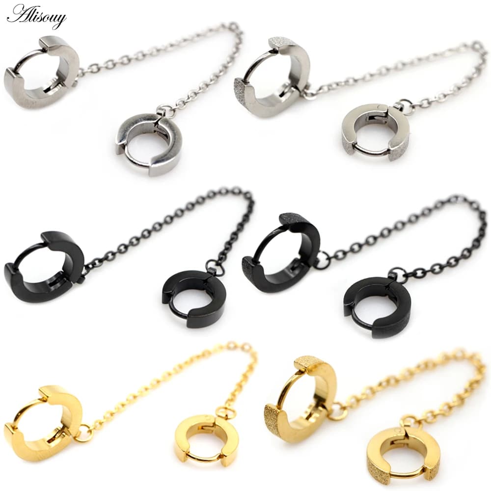 Alisouy – boucles d'oreilles en acier inoxydable givré, 2 pièces, Piercing, Clip d'oreille pour hommes et femmes, lien circulaire, chaîne, cerceau, bijoux de fête