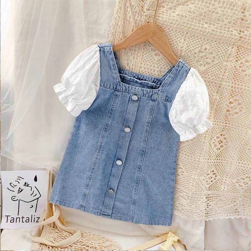 Robe d'été en dentelle pour filles de 2 à 9 ans, couleur unie, manches bouffantes, robe de princesse en Denim, nouvelle collection 2025