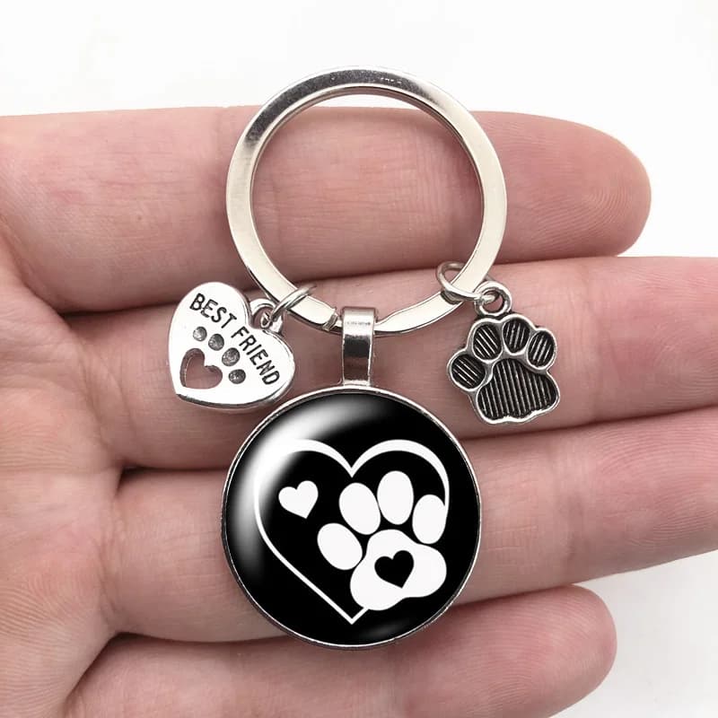 Amour chat empreintes d'animaux chiens verre Cabochon porte-clés sac voiture porte-clés porte-anneau breloques porte-clés pour hommes femmes cadeaux