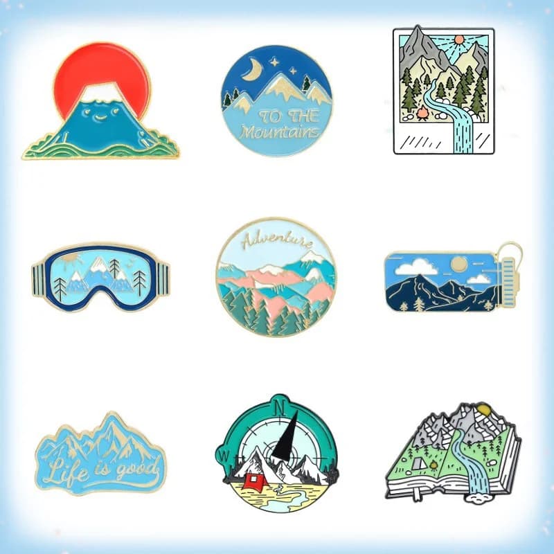 Broche en émail pour explorer la montagne, Badge de vie de Camping, lunettes de télescope, Thermos, broche de voyage de randonnée, bijoux d'aventure en plein air