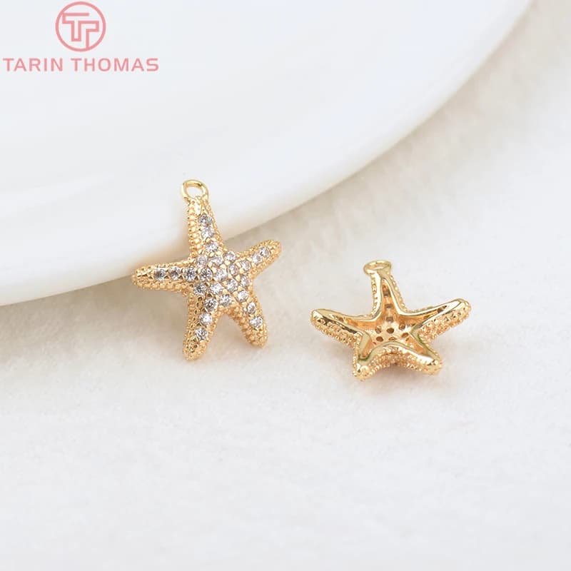 (739) 4 pièces, 12x13,5 mm, breloques et pendentifs en forme d'étoile de mer en laiton couleur or 24 carats et zircon, accessoires de haute qualité pour la création de bijoux DIY