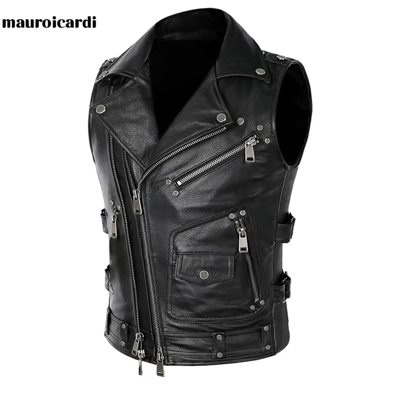 Mauroicardi-Blouson de motard en similicuir PU noir, avec poches et fermeture éclair, grande taille, pour l'automne