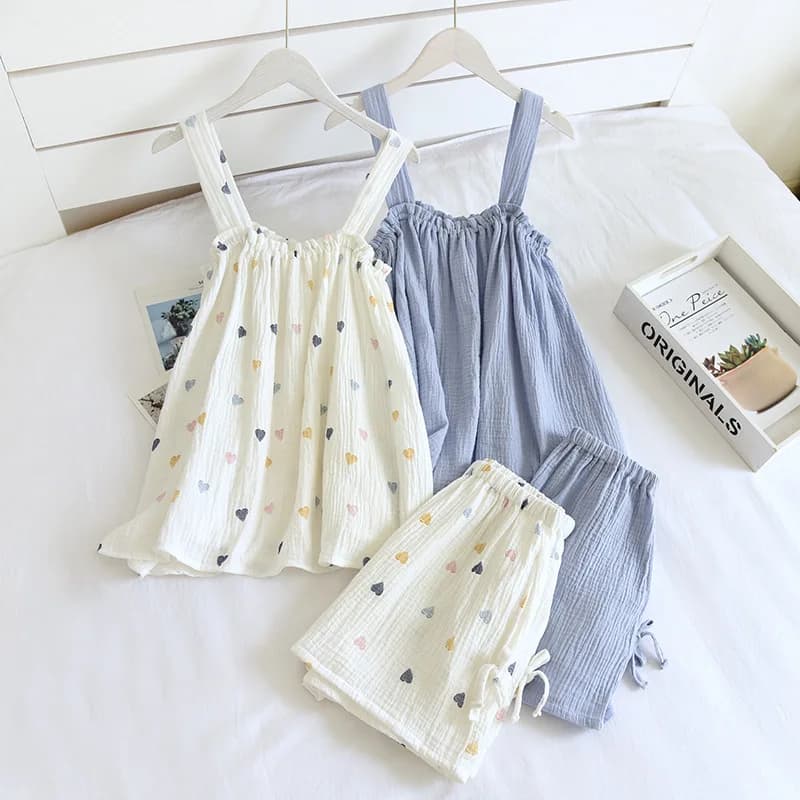 Pyjama deux pièces en crêpe de coton pour femme, nouveau Style, short à bretelles, gilet, costume doux et ample, Service à domicile, Sexy, été 2026, 100%