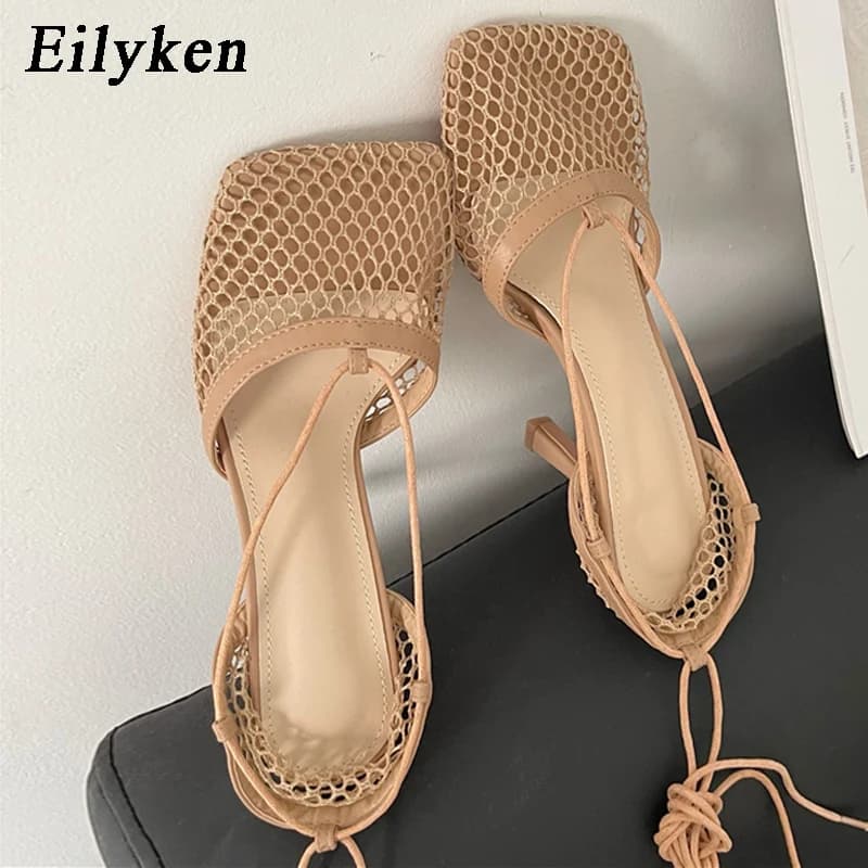 Eilyken-Escarpins décontractés en maille pour femmes, sandales à lacets à talons hauts, robe creuse Stiletto croisée, parka carrée, printemps