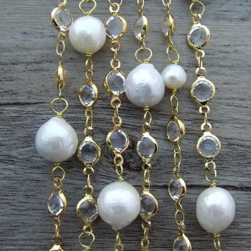 YYGEM – collier en perles d'eau douce rondes blanches naturelles, 69 pouces, pavé de cristaux blancs, chaîne plaquée or