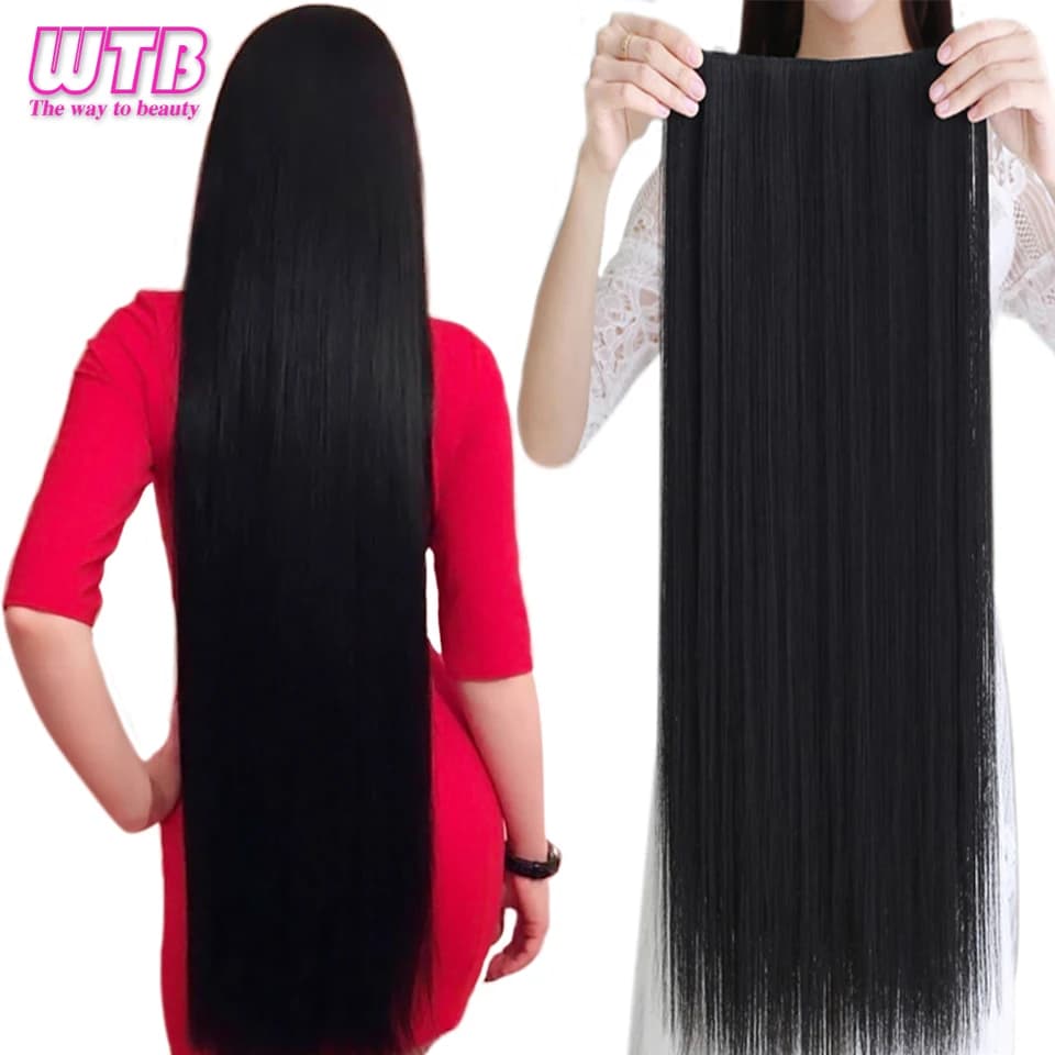 WTB synthétique 100 cm 5 pince dans l'extension de cheveux résistant à la chaleur longue droite noir faux postiche pour les femmes faux cheveux naturels 5 tailles