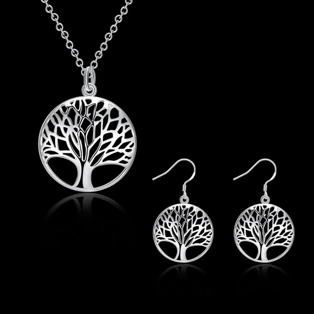 Ensemble de bijoux en argent sterling 925 pour femme, collier rétro avec pendentif arbre rond, boucles d'oreilles, cadeaux de fête de mariage et de vacances