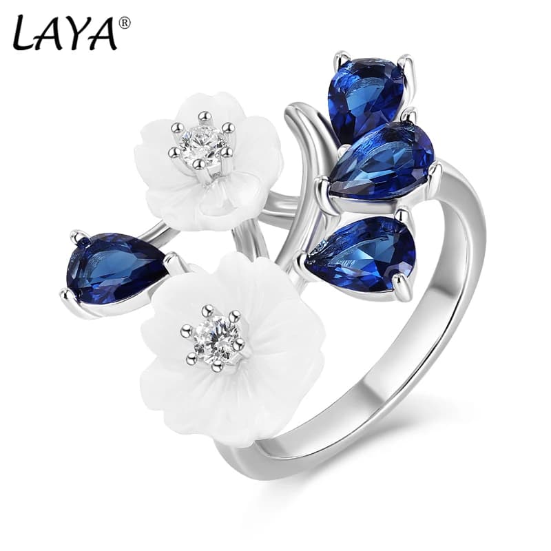 Laya – bague pour femmes, haute qualité, saphir bleu, Zircon, coquille naturelle, fleur, argent Sterling 925, bijoux originaux à la mode, nouvelle tendance