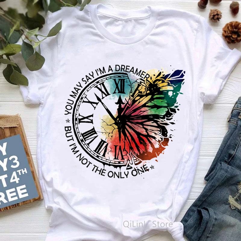 T-shirt manches courtes femme blanc, estival et vintage, avec horloge papillon imprimée, 2024