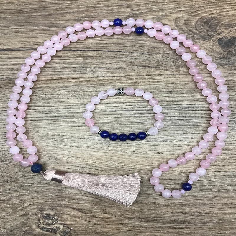 Ensemble de Japamala en quartz rose et lapis-lazuli de 8 mm, bijoux spirituels pour la méditation et le yoga, 108 perles de prière, collier en pierre naturelle fait à la main