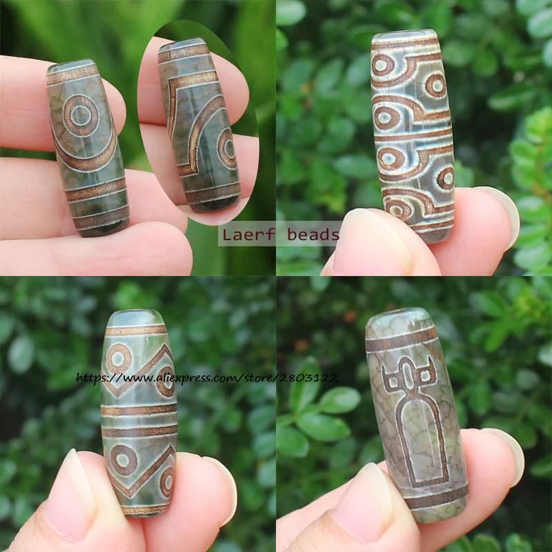 1 pièce autour de 10x30mm perles d'agate Dzi du Tibet ancien naturel, de nombreux motifs, symbole porte-bonheur, amulette puissante, pour la fabrication de bijoux à faire soi-même!