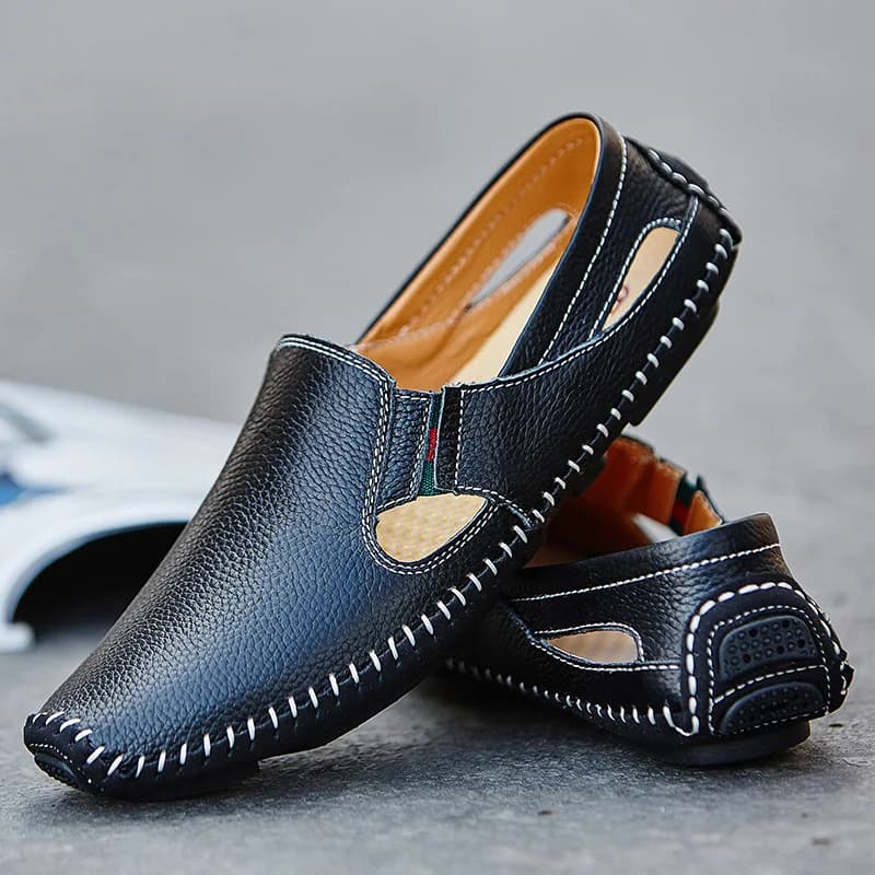 Mocassins en cuir véritable pour homme, sandales décontractées, respirantes, faites à la main, antidérapantes, pantoufles d'extérieur, grande taille, été