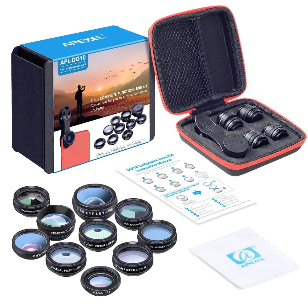 APEXEL-Kit d'objectifs Partenaires grand angle pour téléphone portable, objectif fisheye, téléobjectif, CPL, flux, étoile, kaléidoscope pour téléphones, 10 en 1