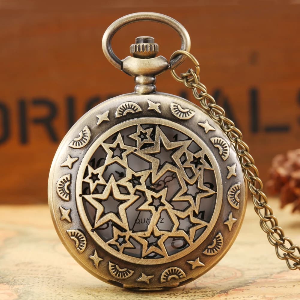 Montre de Poche à Quartz en Bronze, Design Étoiles Creuses, Collier, Pendentif, Horloge, Cadeau Antique, Renforcement, pour Homme et Femme