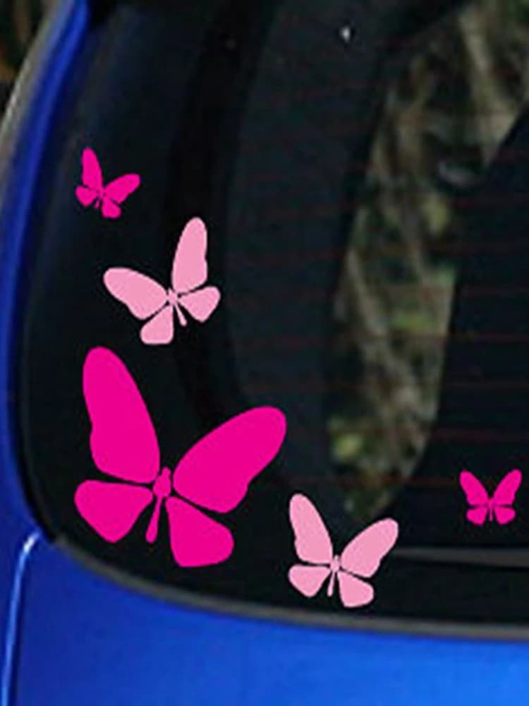 Autocollant papillons en vinyle, 5 pièces, à la mode, nouveau, rose et rose vif, décoration de fenêtre de voiture pour filles, décor de tasse d'ordinateur portable