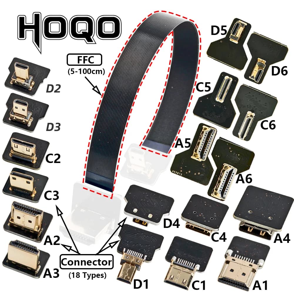 Câble Flexible pour connecteur DJI HD MI FPV, Micro HD vers Mini HD femelle 90/270 degrés FFC 20 broches, câble plat compatible hdmi