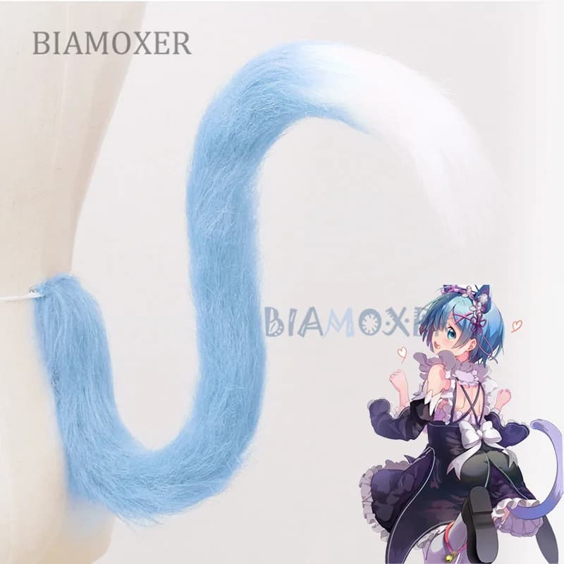 Queue d'Oreille en Peluche Ram Rem, Bleu, Blanc, Rose, Chat Lolita Dégradé, Animal Re:Life in a Different World From ontariCosplay Prop