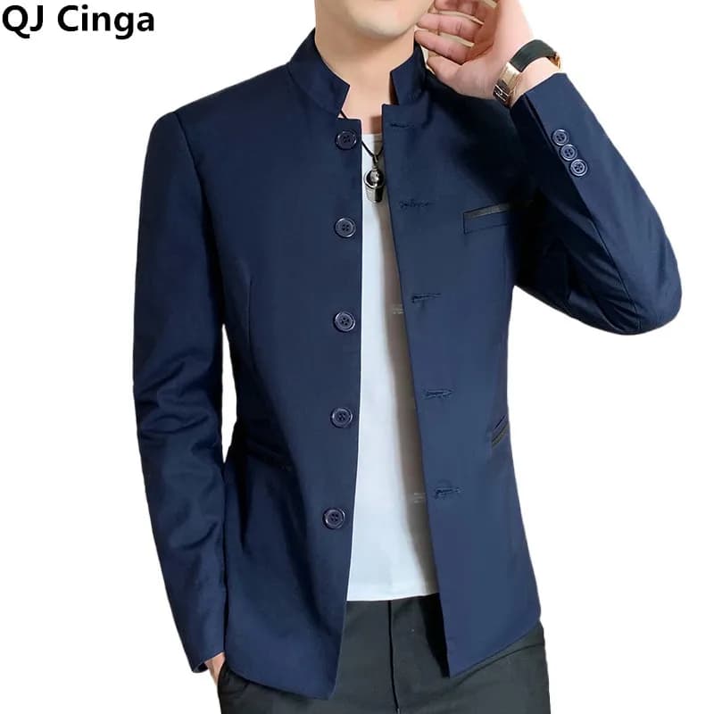 Veste de costume noire rétro pour hommes, manteau à col montant à simple boutonnage, blazer à manches longues pour hommes, bleu vin rouge
