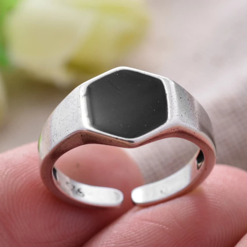 Bague ouverte pour femme en argent thaïlandais, chimlosange, résine noire, promotion, cadeau du jour de Léon, meilleur savoir